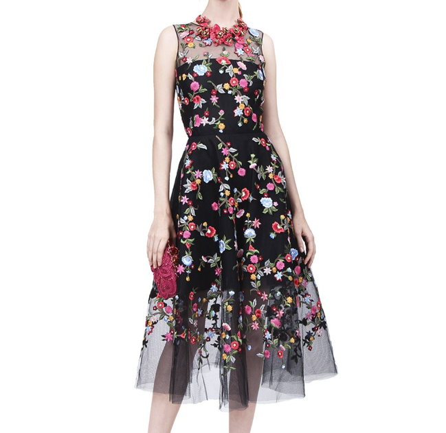 Oscar de la Renta Sleeveless Embroidered Floral Dress