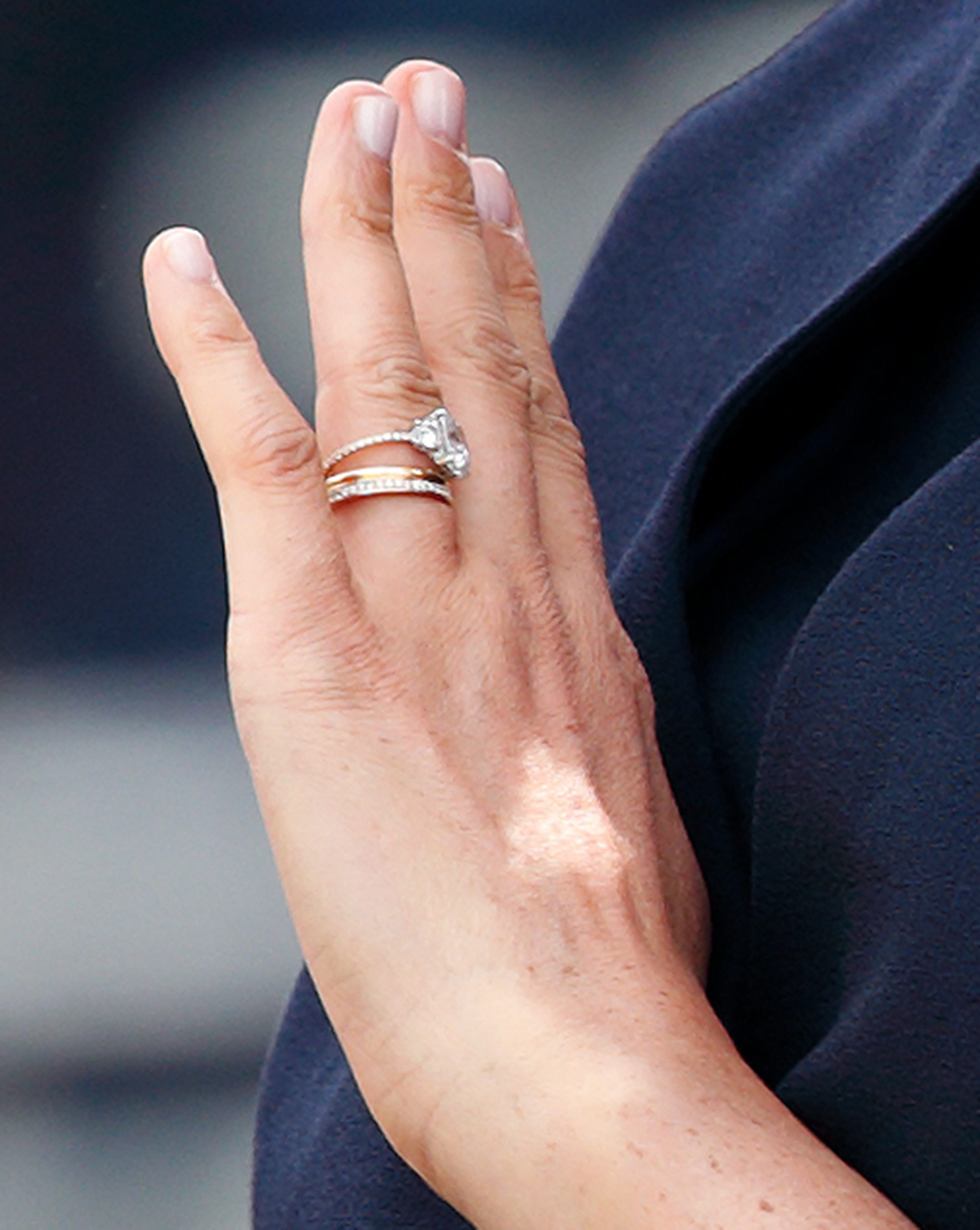 LONDON, UNITED KINGDOM - JUNE 08: (EMBARGOED FOR PUBLICATION IN UK NEWSPAPERS UNTIL 24 HOURS AFTER CREATE DATE AND TIME) Meghan, Duchess of Sussex (ring detail) travels down The Mall in a horse drawn carriage during Trooping The Colour, the Queen's annual birthday parade, on June 8, 2019 in London, England. The annual ceremony involving over 1400 guardsmen and cavalry, is believed to have first been performed during the reign of King Charles II. The parade marks the official birthday of the Sovereign, although the Queen's actual birthday is on April 21st. (Photo by Max Mumby/Indigo/Getty Images)